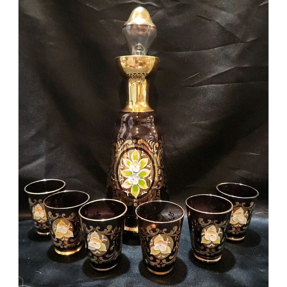 vntg Murano Bohemian amethyst glass decanter set hand-painted floral motifs 24K